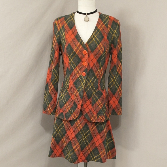 Vintage Dresses & Skirts - Red Plaid Knit Skirt Set 70s Vintage St. Cloud Acrylic Knit Long Jacket Short Sk